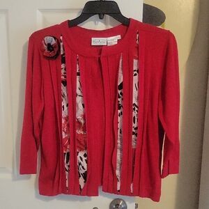 Patchington SzLG 100% cotton red open-front cardigan floral trim and rosette